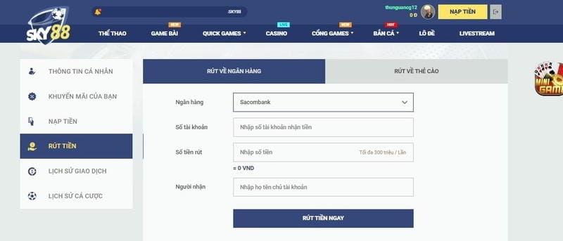  Giao diện thân thiện tại SKY88 giúp bạn dễ dàng thao tác, kể cả khi rút tiền SKY88.