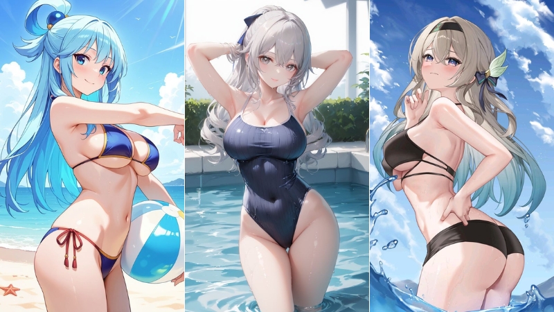 Ảnh gái xinh bikini anime với màu sắc tươi sáng và bố cục rõ nét