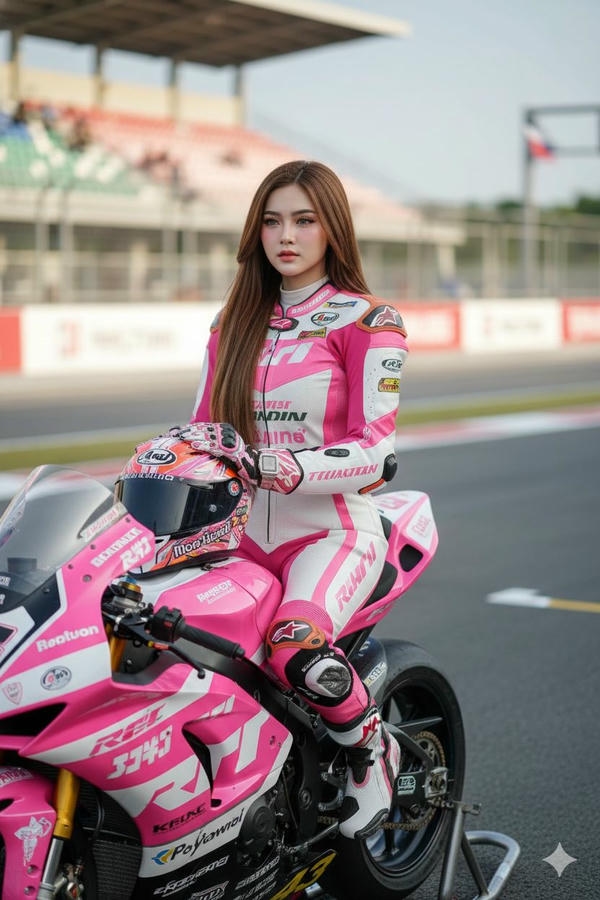 Cô gái xinh dựa vào mô tô đầy quyến rũ.