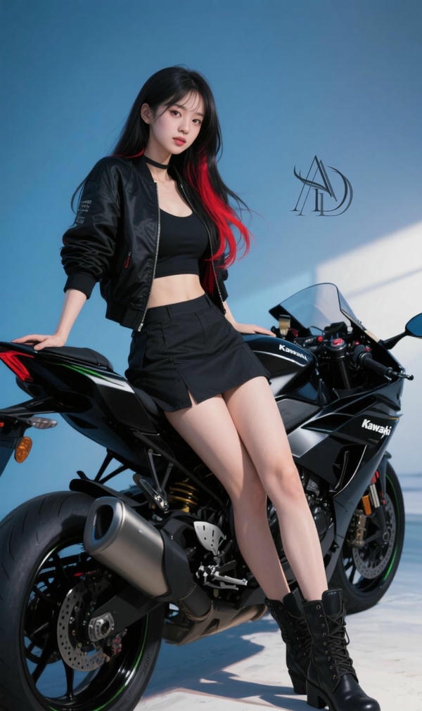 Cô gái xinh đứng cạnh mô tô đầy cá tính.