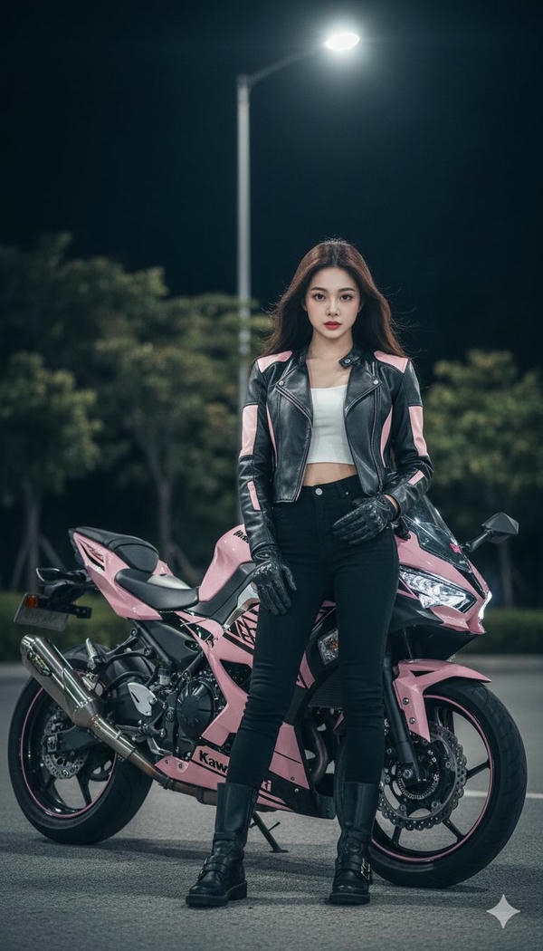 Cô gái xinh tạo dáng cá tính cạnh mô tô.