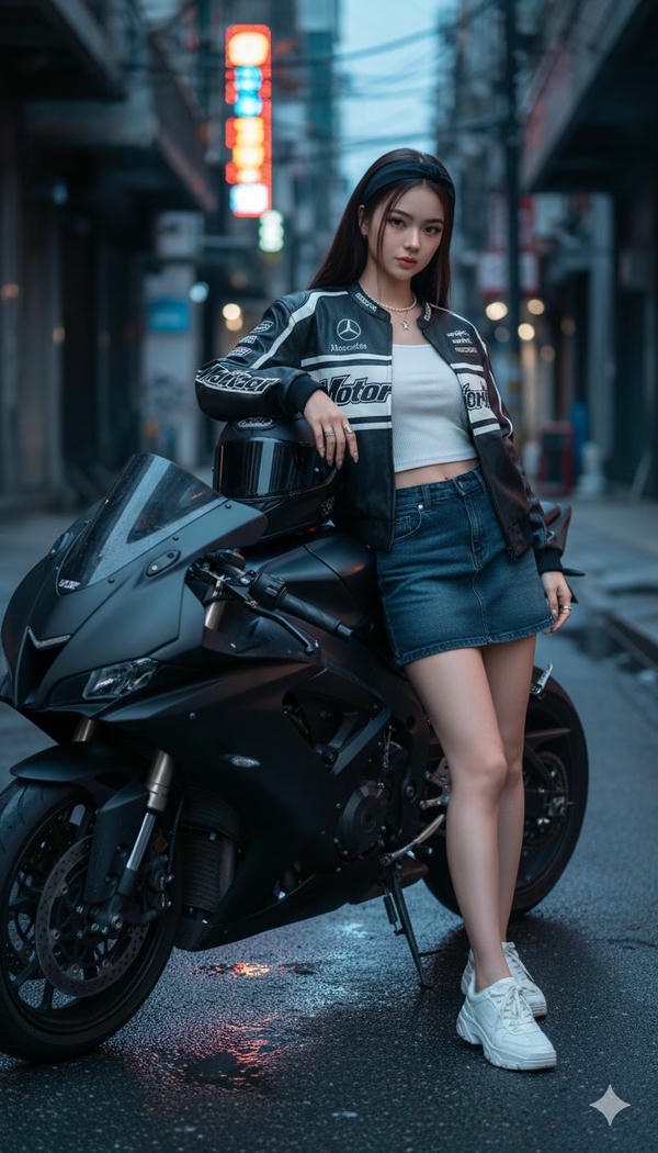 Gái xinh dựa vào mô tô với nụ cười rạng rỡ.