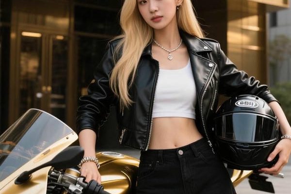 Gái xinh đứng cạnh mô tô đầy phong cách.