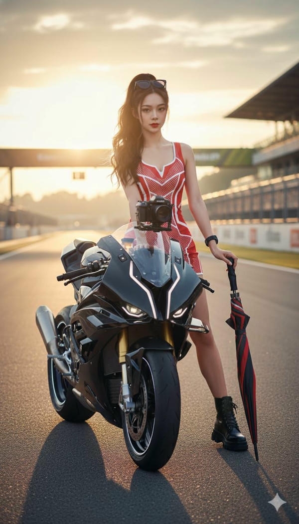 Gái xinh đứng cạnh mô tô đầy tự tin.
