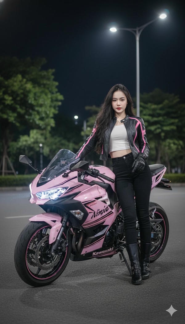 Gái xinh đứng cạnh mô tô dưới bầu trời xanh.