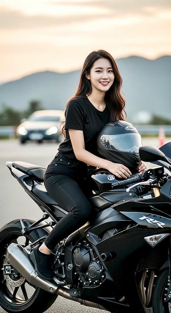 Gái xinh đứng cạnh mô tô với nụ cười tươi.