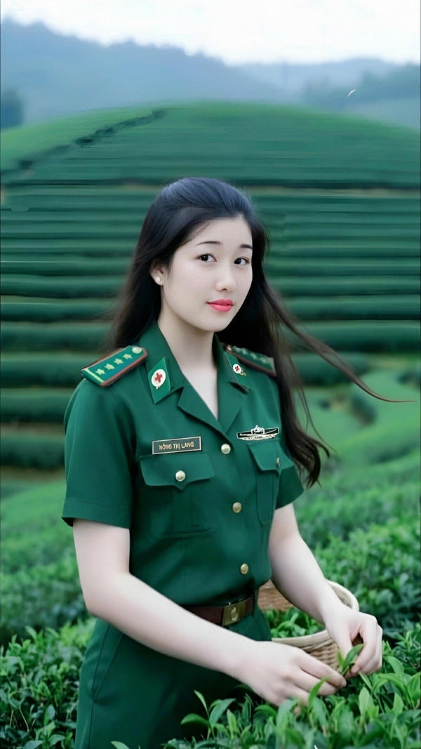 Quân phục khiến nàng nổi bật.