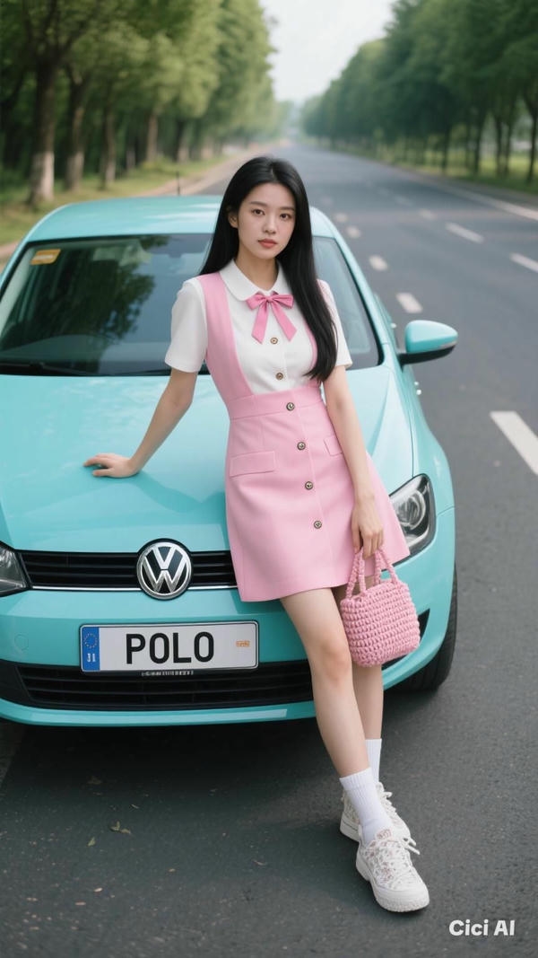 Người mẫu duyên dáng cạnh xe.