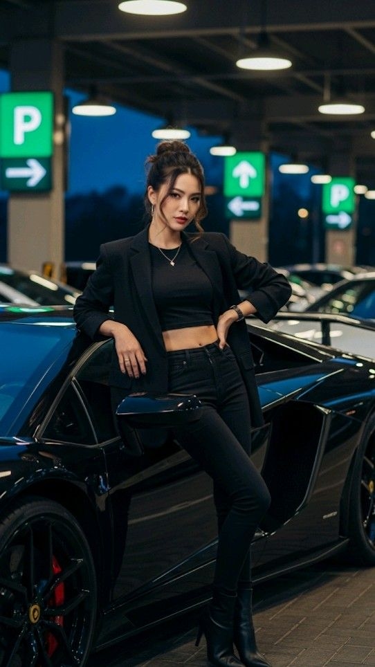 Người mẫu rạng rỡ bên xe.