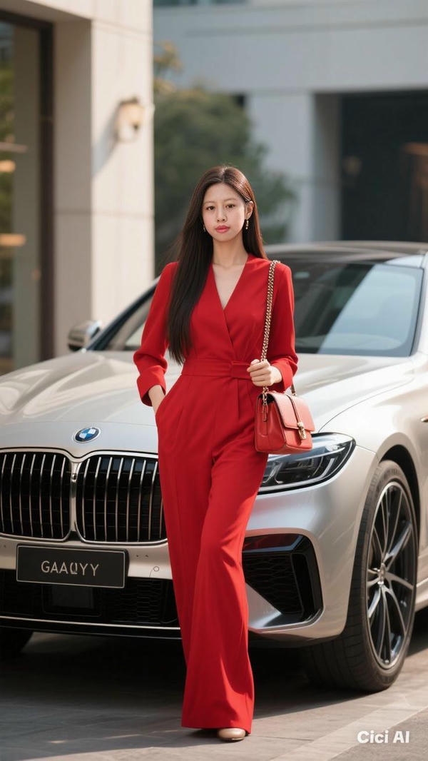 Người mẫu xinh đẹp cạnh xe.